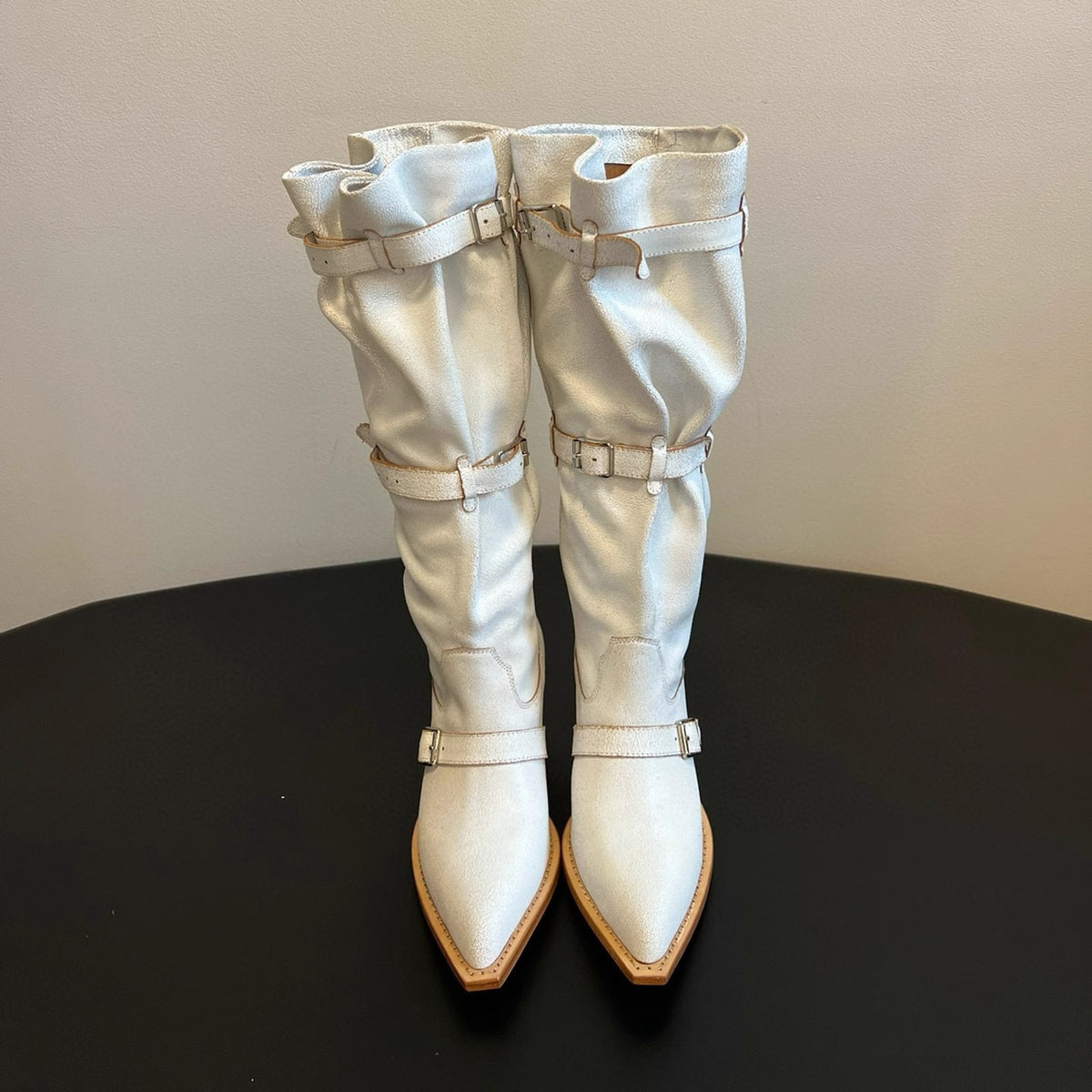 Pointed Toe Large Tube Circumference Pile Style Retro Western Cowboy Women's Leather Boots