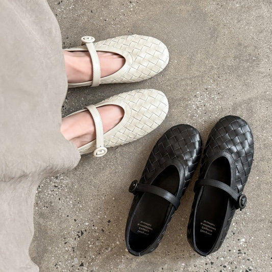 Head French Style Vintage Weave Strap Mary Jane Flat Women's Fashion Shoes