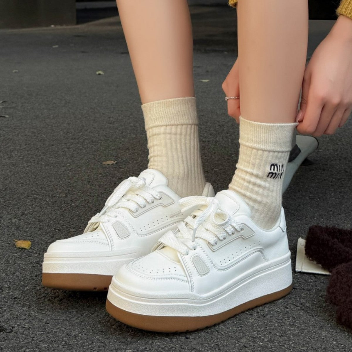 Women's Genuine Platform White Winter Brushed Fleece-lined Warm Round Women's Casual Shoes