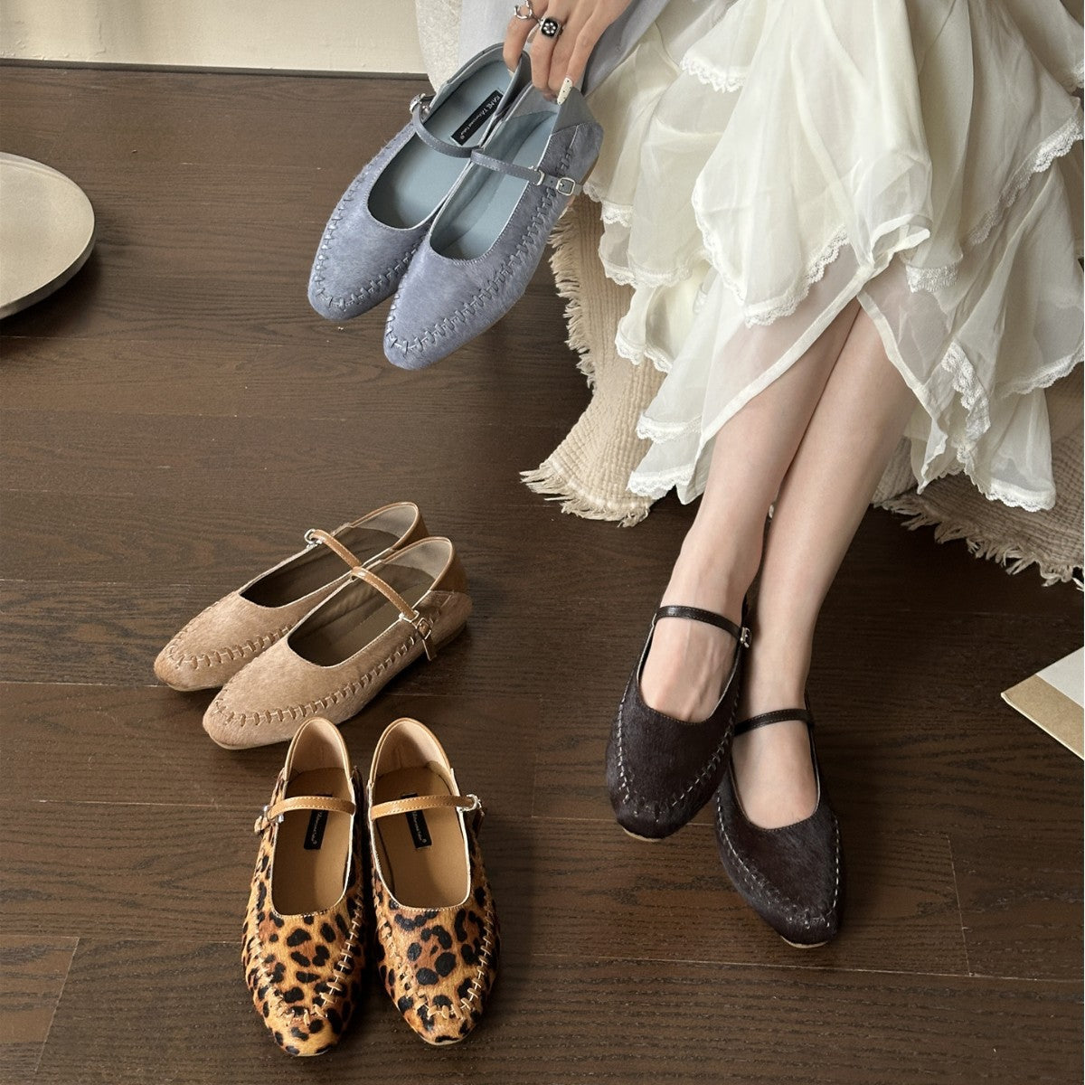 Women's Low-cut Cowhide Horsehair Mary Jane Flat Soft Bottom Buckle Commute Women's Fashion Shoes