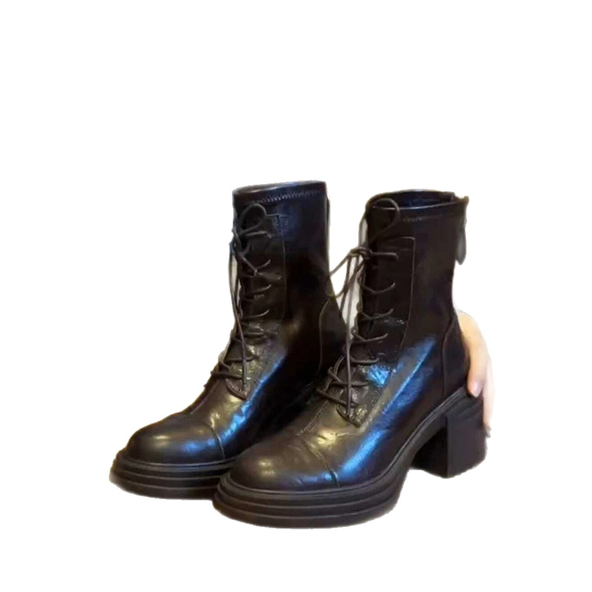 Women's Cowhide Retro Platform Chunky Martin Height Increasing Skinny Heels