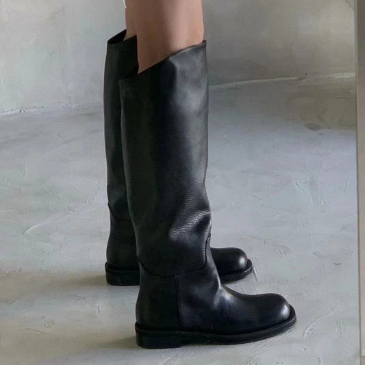 Women's Cowhide Version Korean Style Slimming Big Tube Circumference Tall Knight Women's Leather Boots