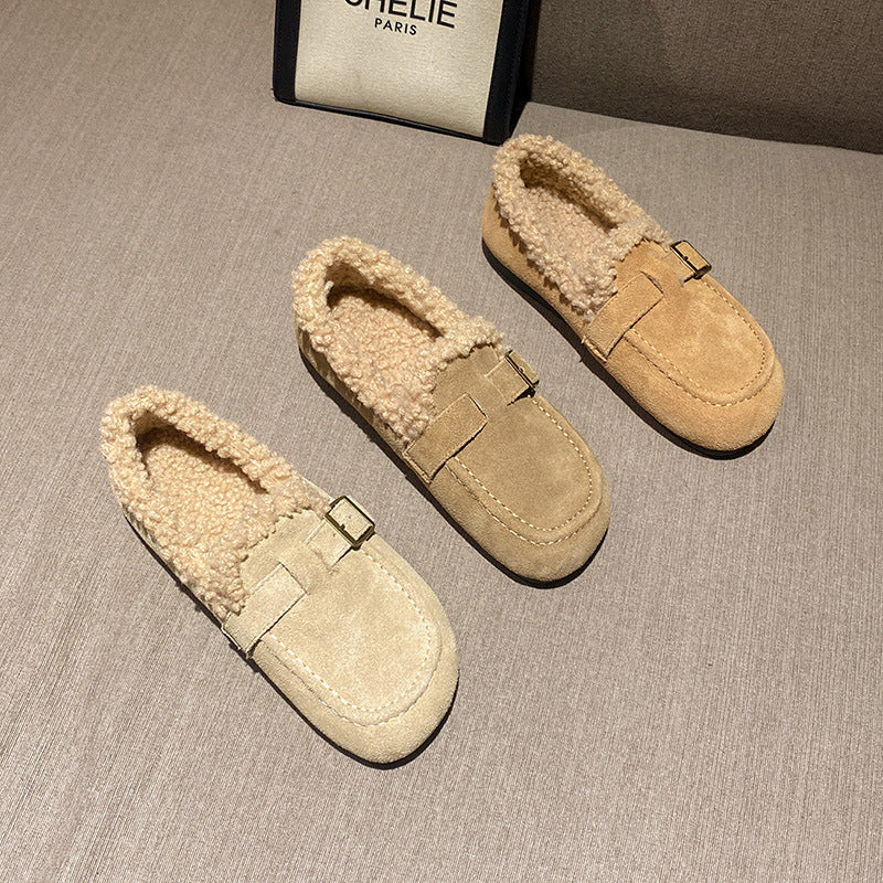 Women's Winter Fleece-lined Outer Wear Fluffy Slip-on Big Head Soft Women's Cotton Shoes