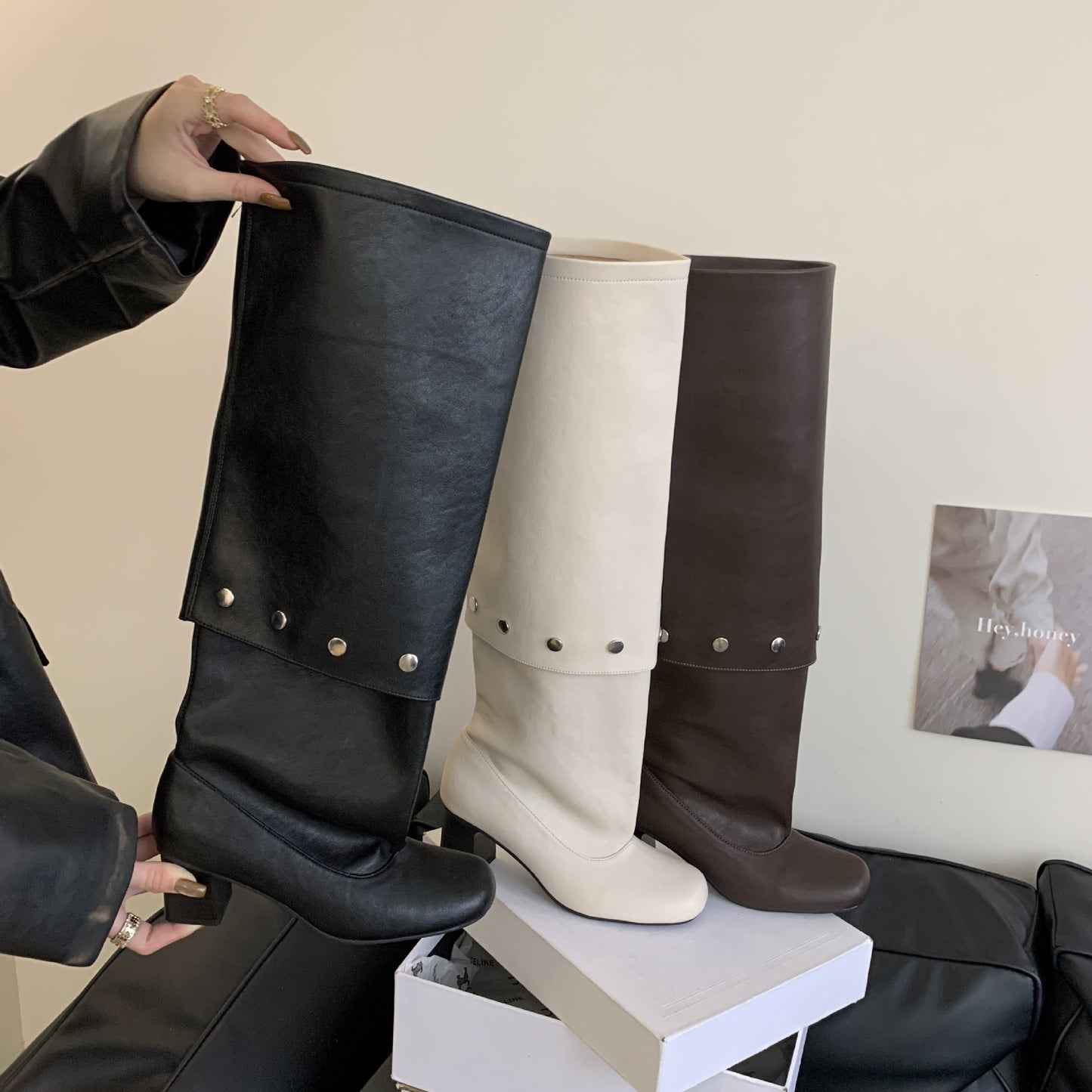 Knee Summer Retro Chunky Rivet Slimming Women's Leather Boots