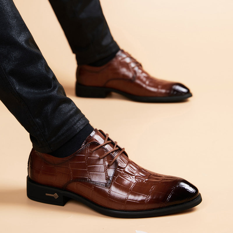 Men's Pointed Crocodile Pattern Height Increasing Insole Wedding Men's Business Leather Shoes