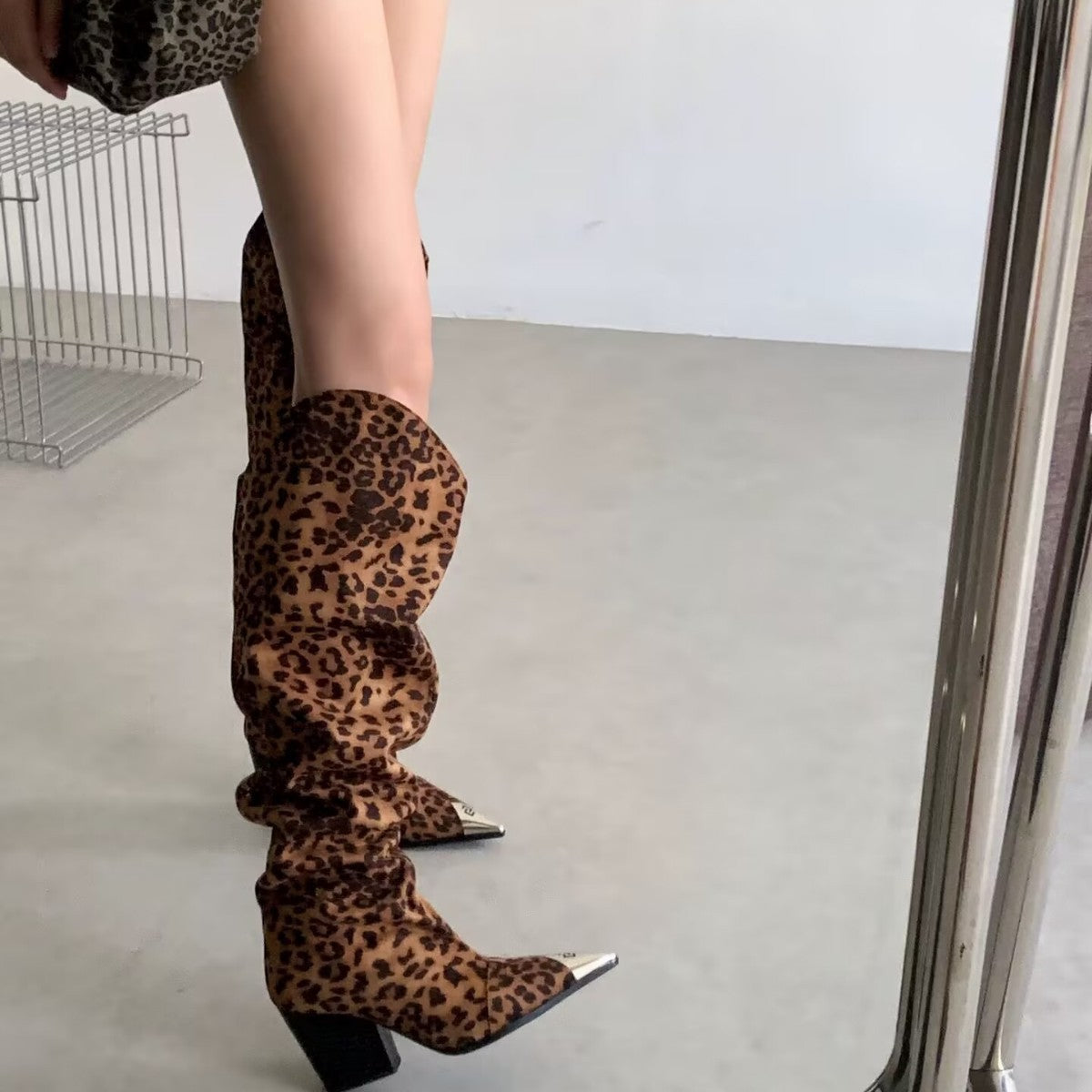 Hot Leopard Print Oversized Pointed Toe Pile Style Chunky Women's Leather Boots