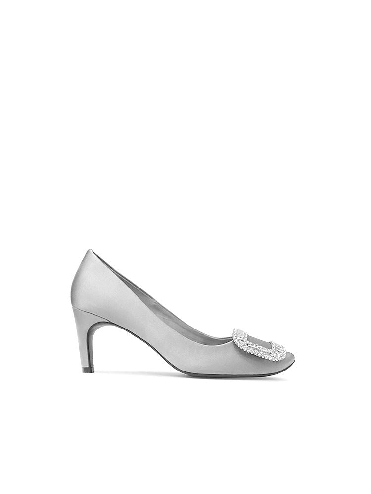 Women's Rhinestone Square Buckle Round Toe Satin Shallow Women's Fashion Shoes