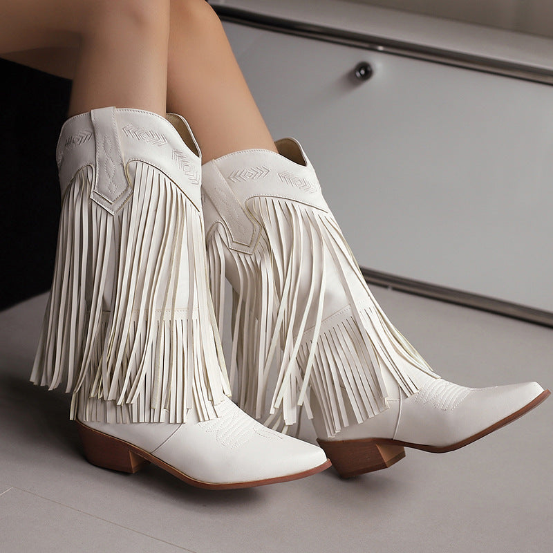 Women's Mid Pointed Western Tassel Embroidery Women's Leather Boots