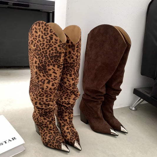Hot Leopard Print Oversized Pointed Toe Pile Style Chunky Women's Leather Boots