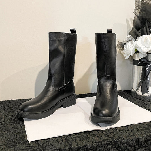 Women's Chunky Platform For Retro Style Pleated Pile Round Toe Wide Women's Leather Boots