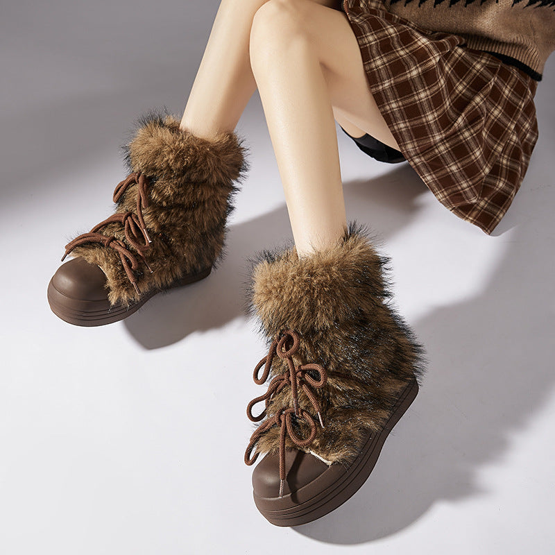 Platinum Plush Warm Long Wool Bow Round Toe Boots