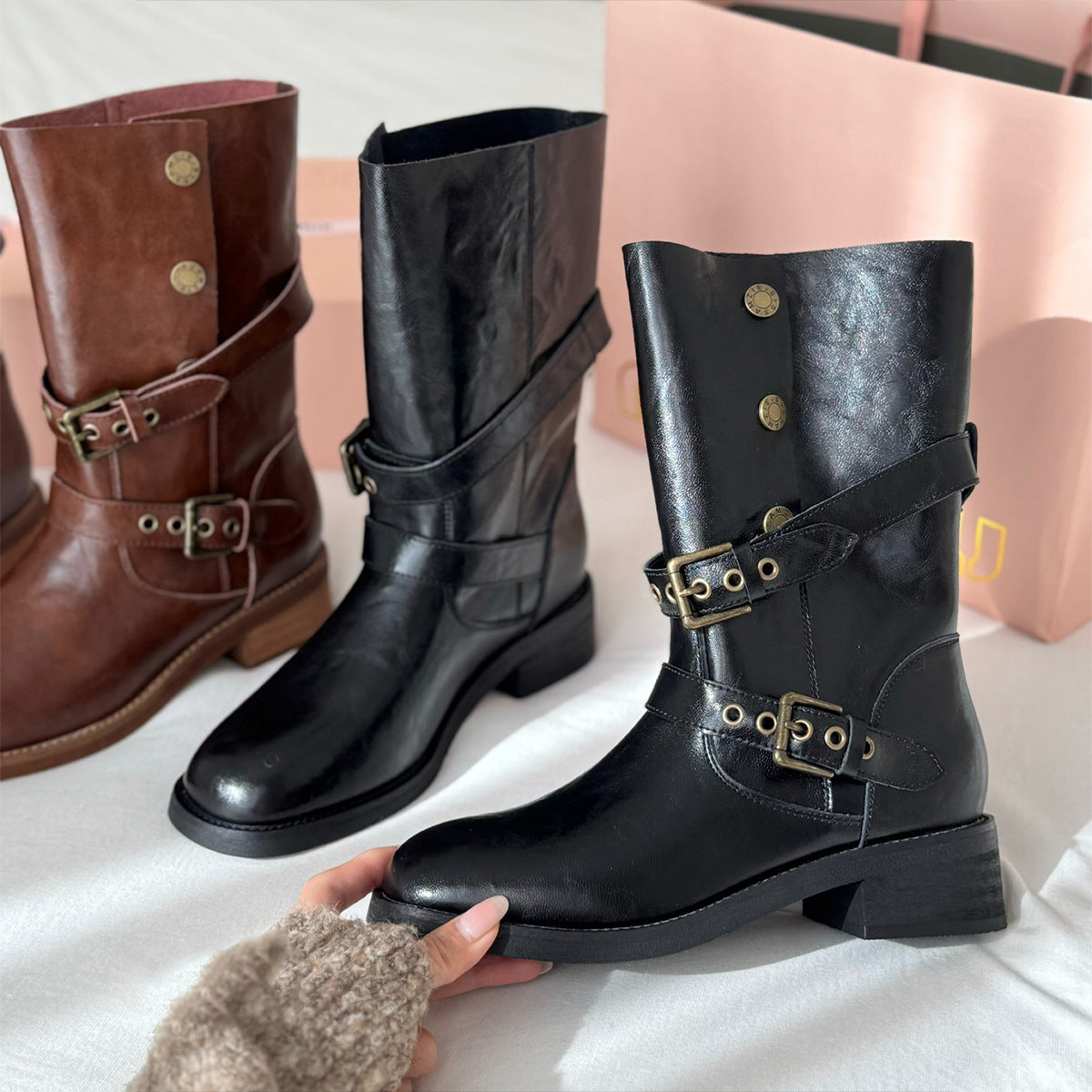 Women's Black Martin Chunky Round Toe Middle Belt Buckle Hot Retro Boots