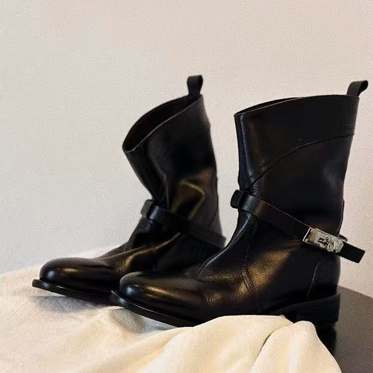 Women's Soft Round Head Chunky British Style Metal Buckle Versatile Women's Leather Boots
