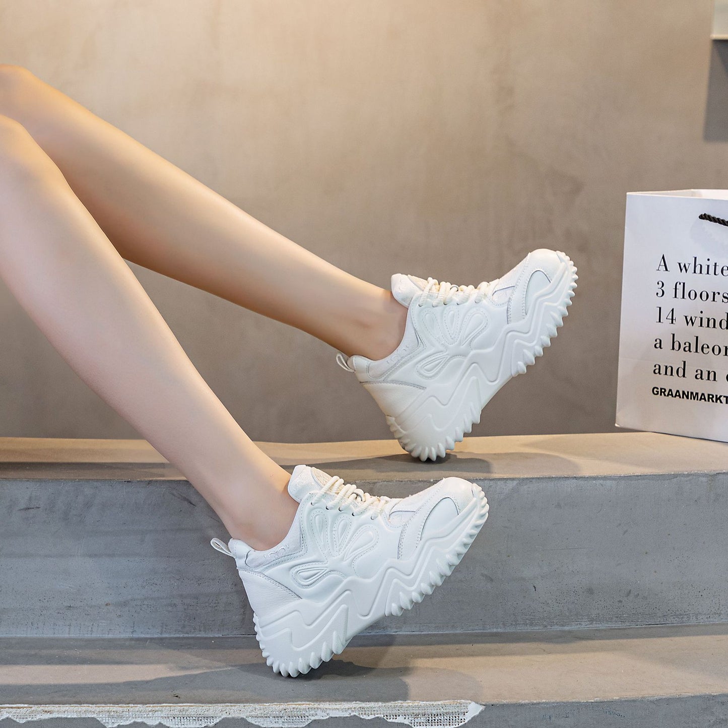 Women's White Autumn Thick-soled Fashionable Breathable Casual Shoes