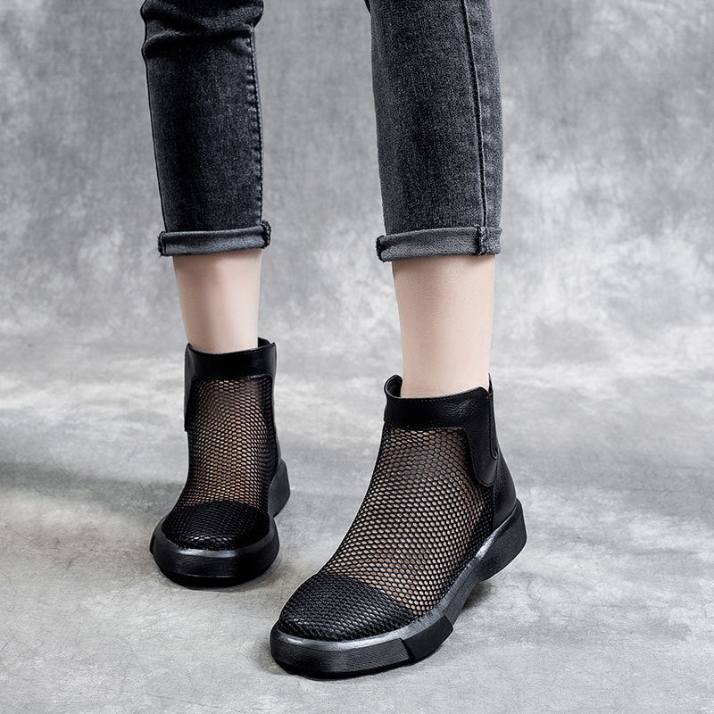 Women's Hollow Martin Breathable Full Grain Cowhide Mesh Round Toe Women's Leather Boots