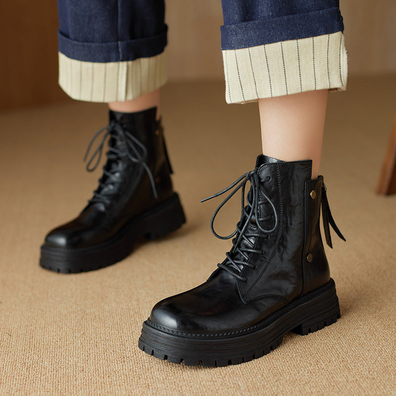 Women's Cowhide Martin Fleece-lined Platform Chunky Vintage Crumpled Motorcycle Women's Leather Boots