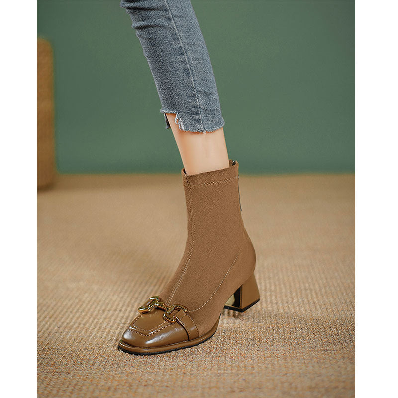 Female Stitching Square Head Chunky Retro Boots