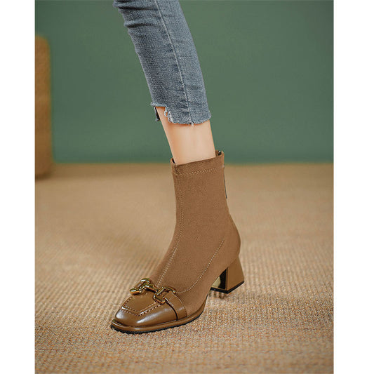 Female Stitching Square Head Chunky Retro Boots