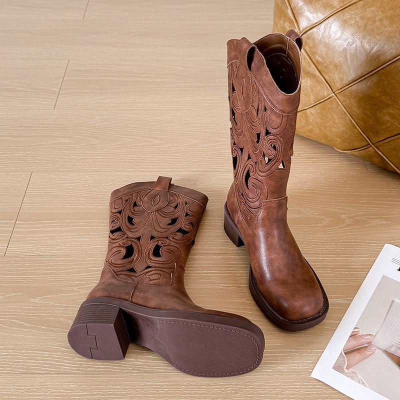 Women's Cowboy V Cut Embroidered Hole Knight Summer Boots