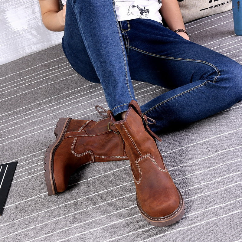 Women's & Men's Short Martin Trendy Knight Cowhide Mongolian Riding Outdoor British Women's Leather Boots