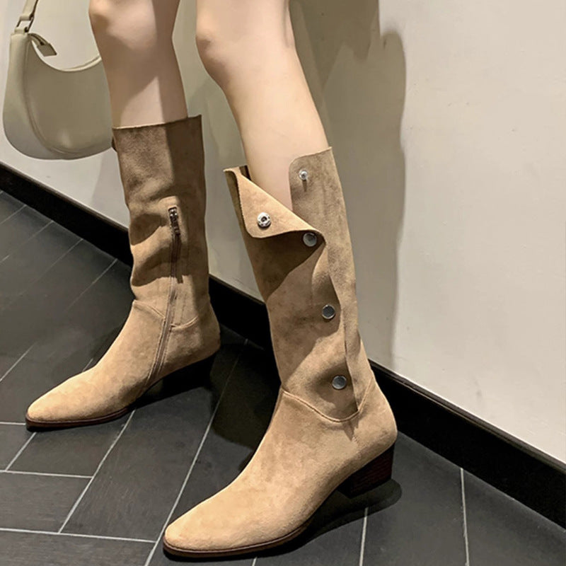 Women's Pile Style Chunky High Western Cowboy Below The Knee Long Women's Leather Boots
