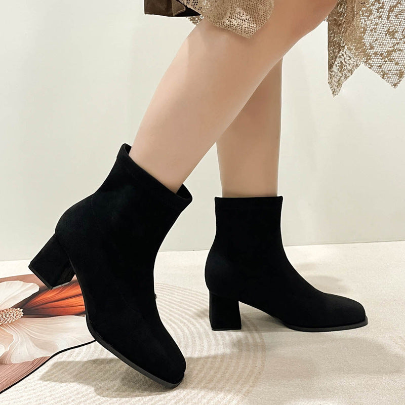 Women's Suede Fashion Stretch Square Toe Chunky Boots