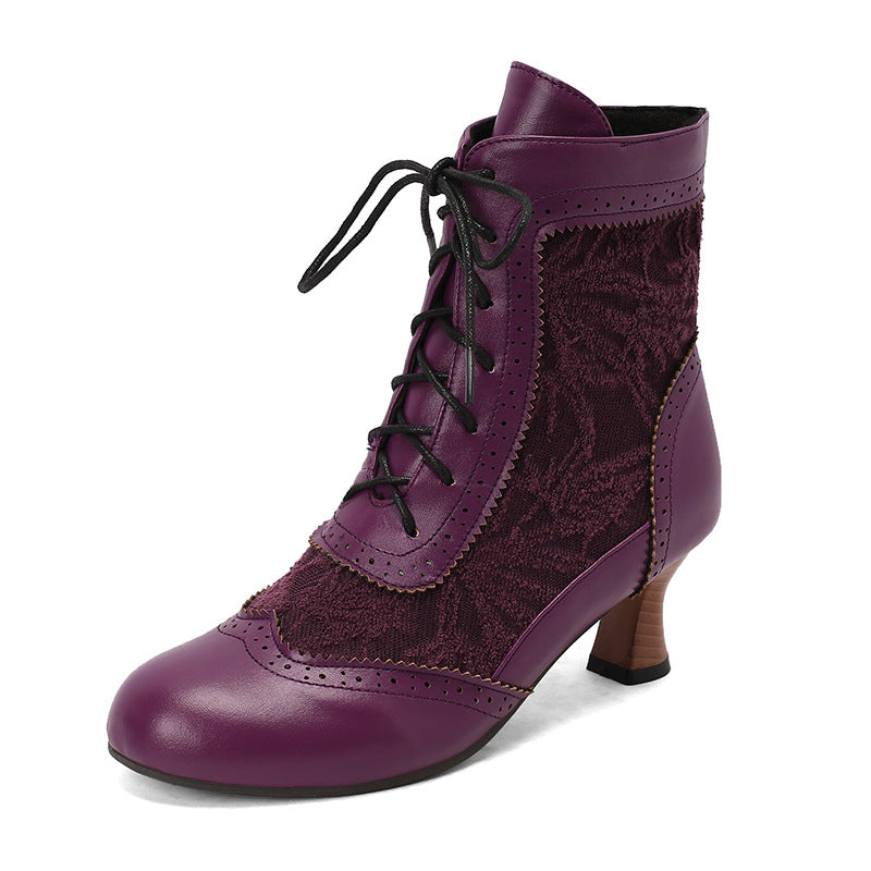 Women's Plus Size Lace Color Matching Booties Women's Leather Boots