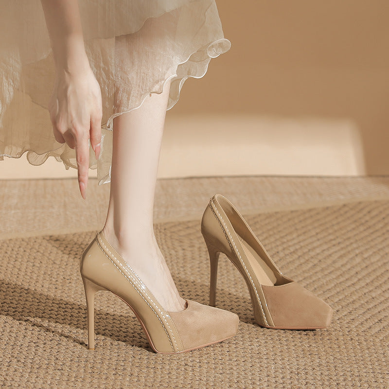 French Suede Pointed Stiletto High Elegant Inner Waterproof Platform Black Heels
