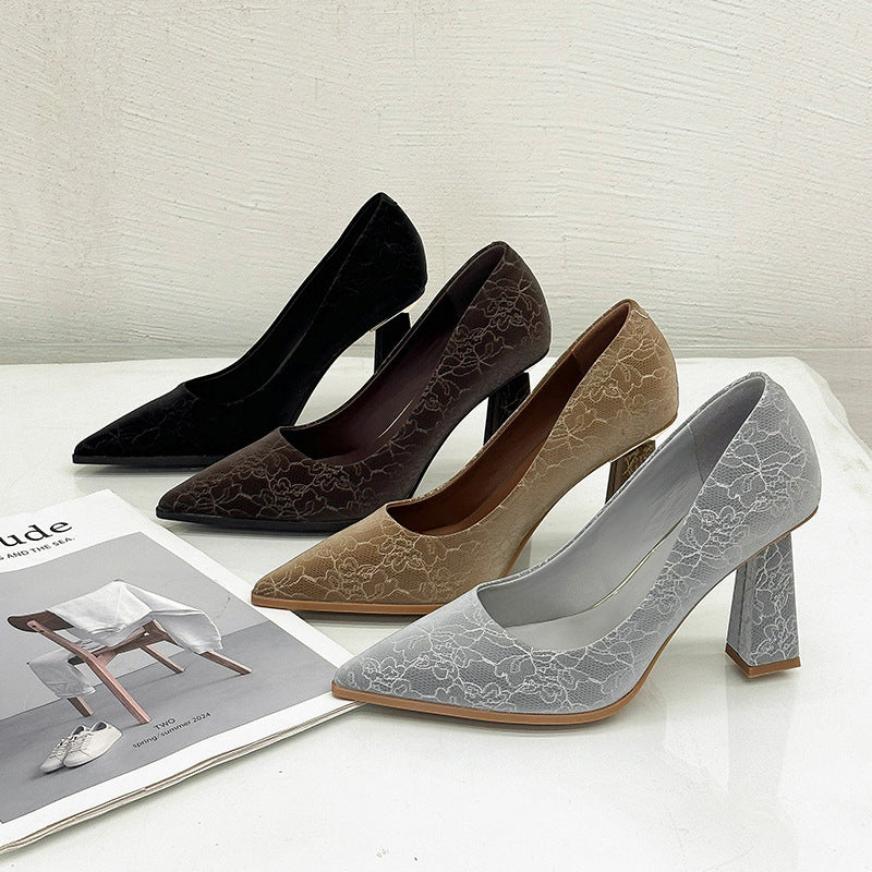 Women's French High For Lace Low-cut Chunky Square Women's Fashion Shoes