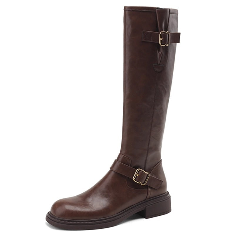 Women's Head Below The Knee Knight British Style Thick Mid Knee-high Women's Leather Boots