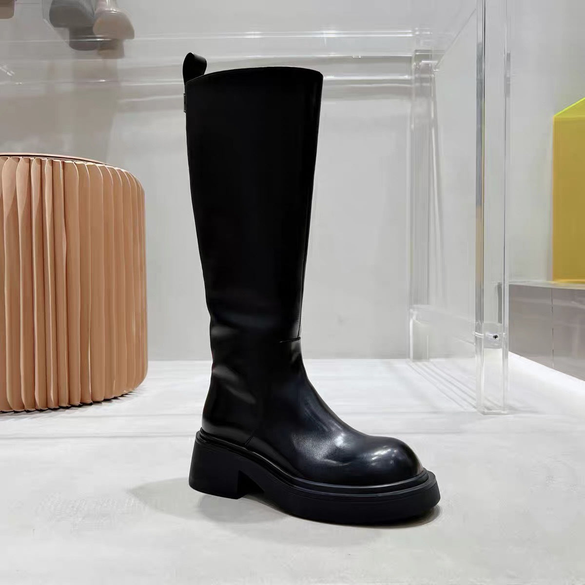 Women's Knee-high European Goods Side Zipper Round Head Calf Skin Boots