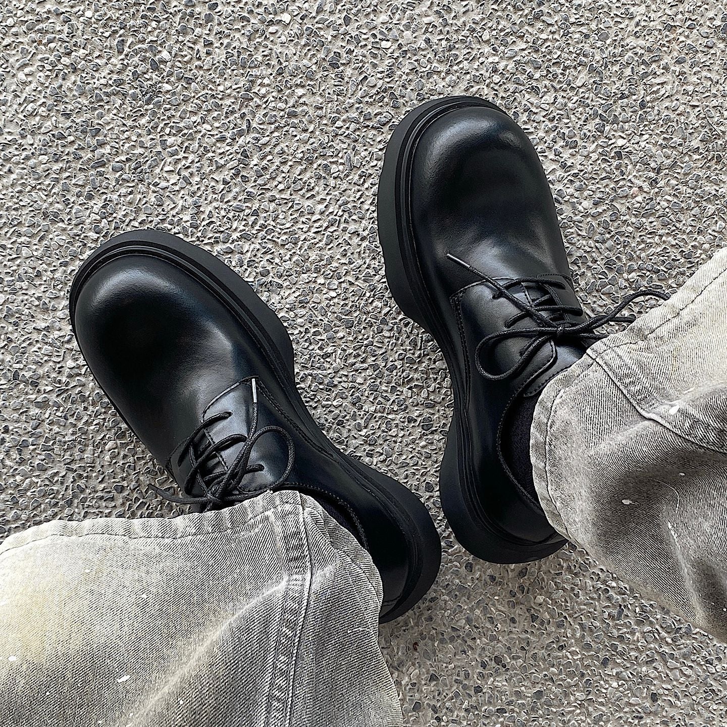 Soft Elastic Foam Bottom Mickey Derby Black Platform Height Men's Casual Leather Shoes