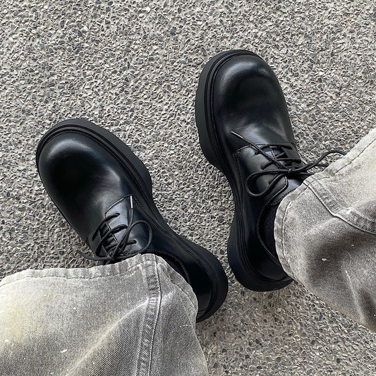 Soft Elastic Foam Bottom Mickey Derby Black Platform Height Men's Casual Leather Shoes