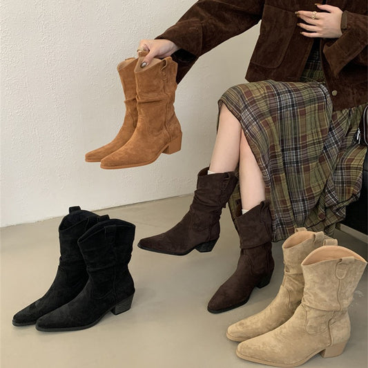 Chunky French Retro Pointed Western Cowboy Ankle Boots