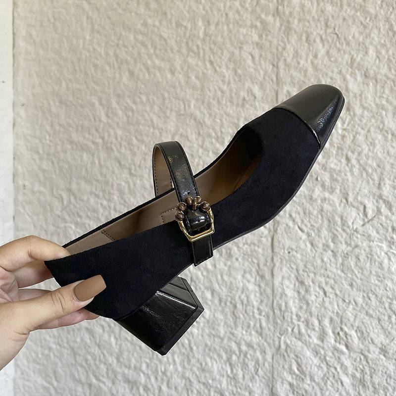 Women's Toe Chunky Pumps Mid Soft Buckle Mary Heels