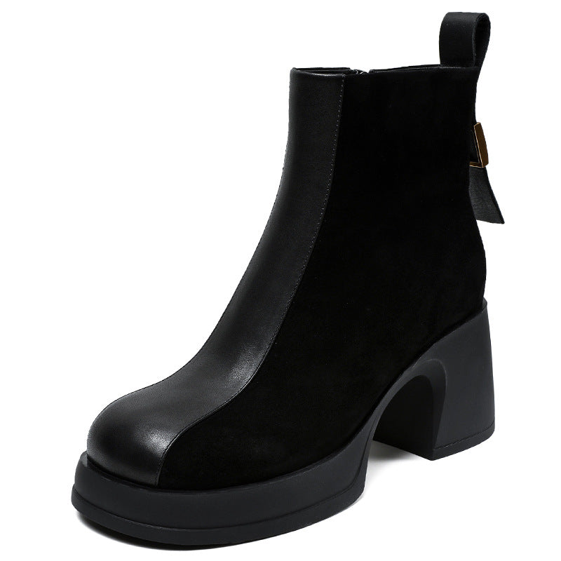 Women's Sheep Split High Fashion Genuine Chelsea Fleece-lined Thick Cowhide Thin Boots