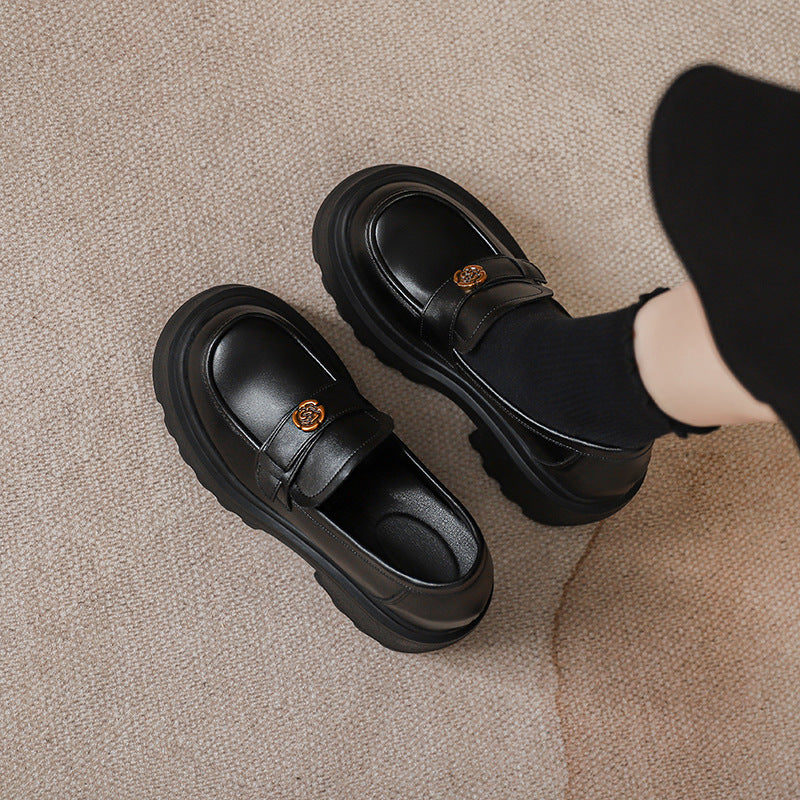 Version Height Increasing Insole Small British Style Slip-on Platform Camellia Leather Shoes