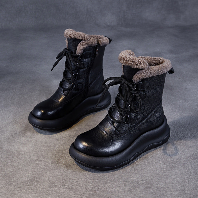 Women's Layer Cowhide Winter Lamb Fleece-lined Thickened Snow Boots