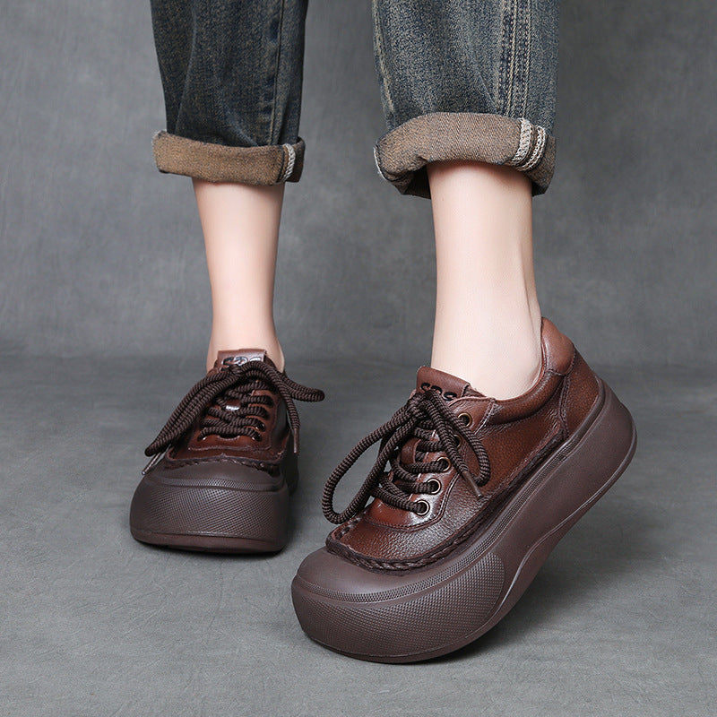 Women's First Layer Cowhide Retro Platform Spring Versatile Big Head Genuine Women's Casual Shoes