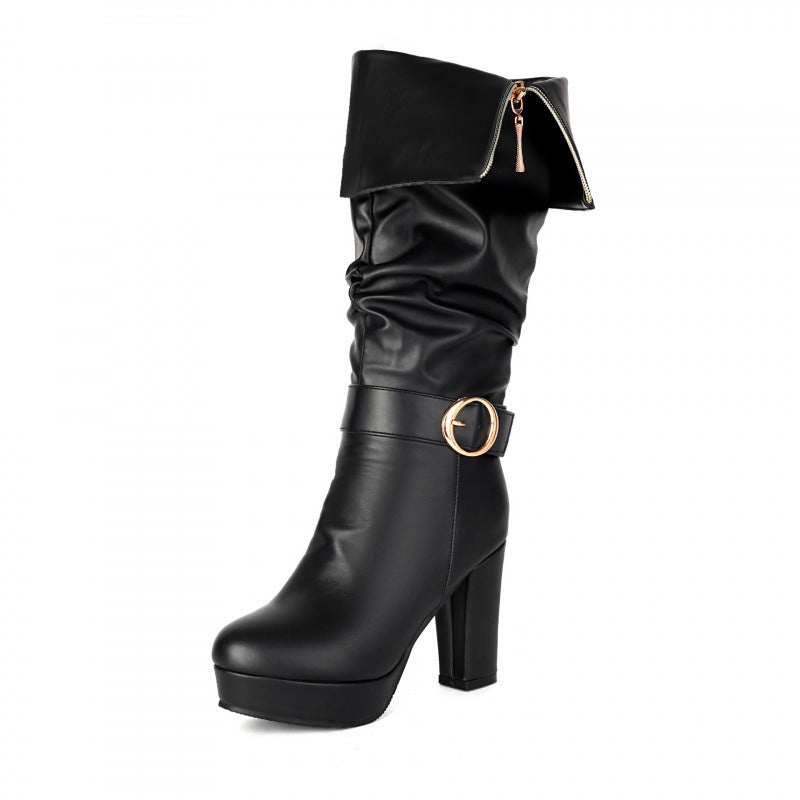 Belt Buckle Knight Fold Two-way Wear High Leg Platform Thick Boots