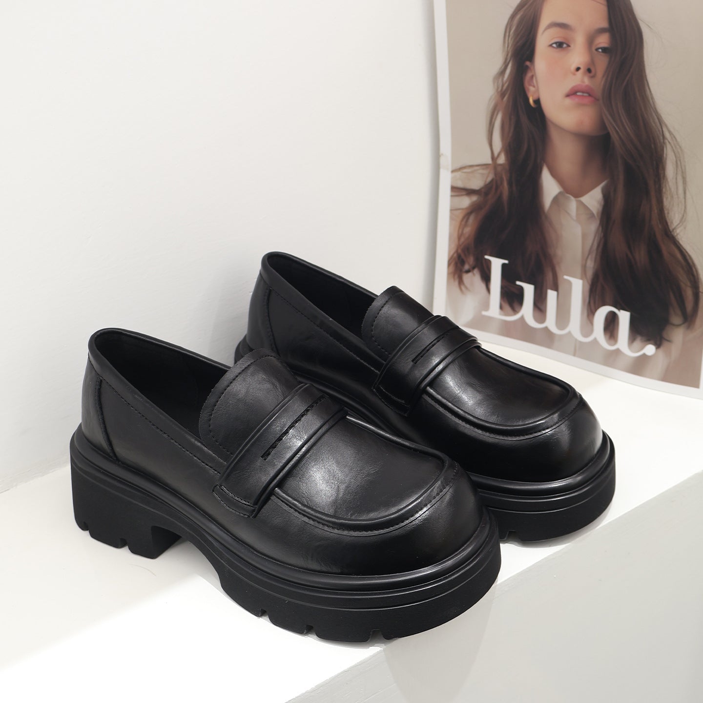 Women's Platform British Style Slip-on Pumps Height Increasing Chunky Small Low Leather Shoes