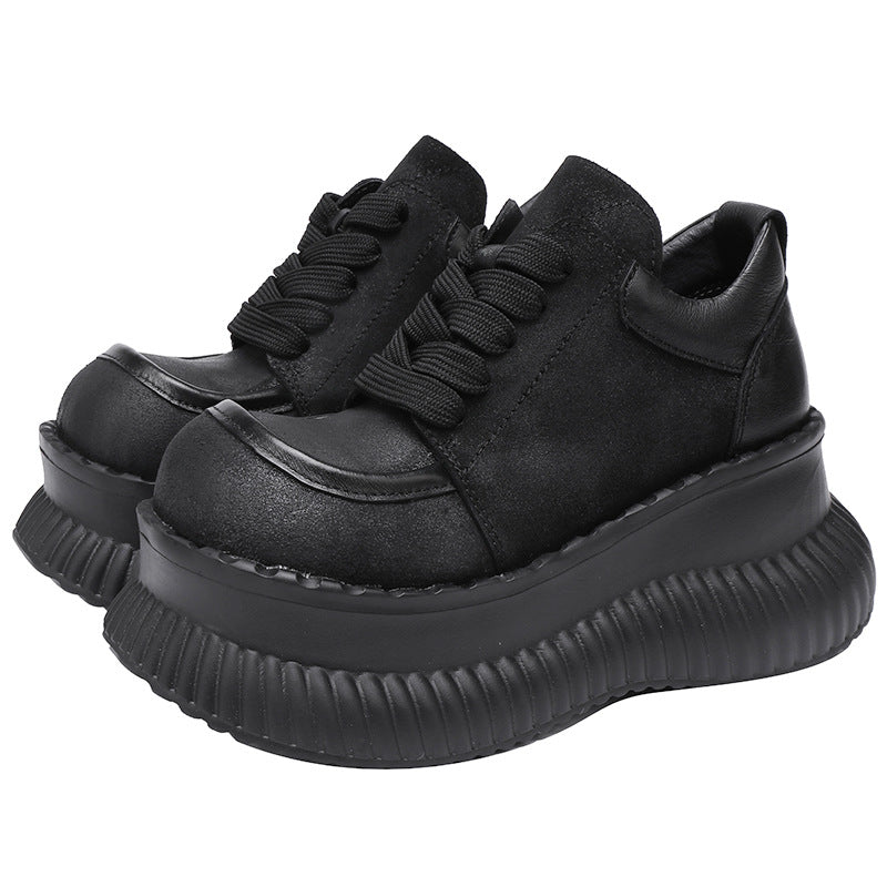 Cowhide Platform Wedge Low-cut Lightweight Handmade Casual Shoes