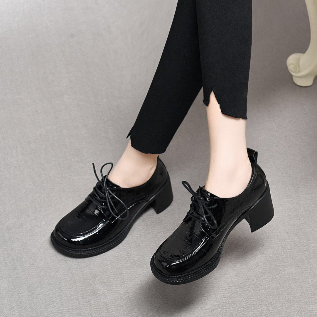 Women's British Style Patent Cowhide Chunky Spring Women's Shoes