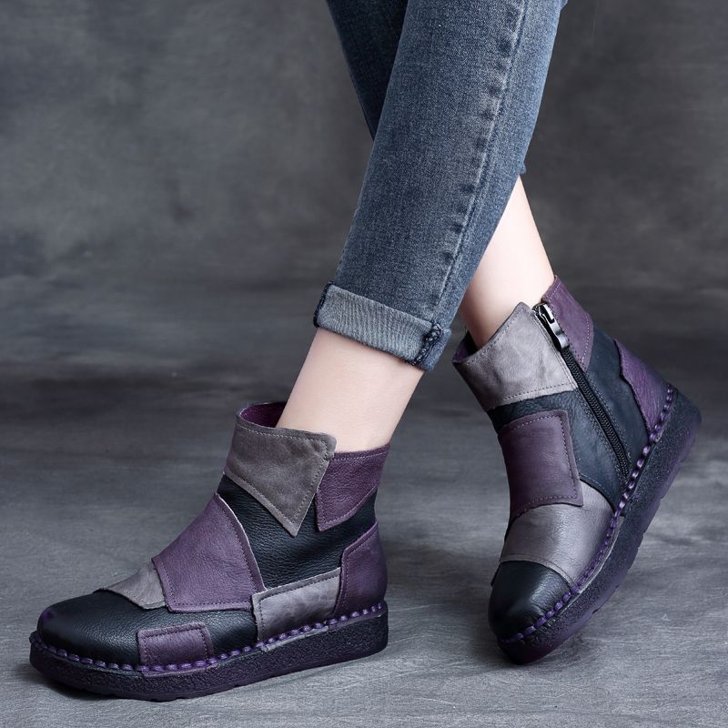 Ethnic Style Personality Handmade Retro Patchwork Ankle Women's Leather Boots