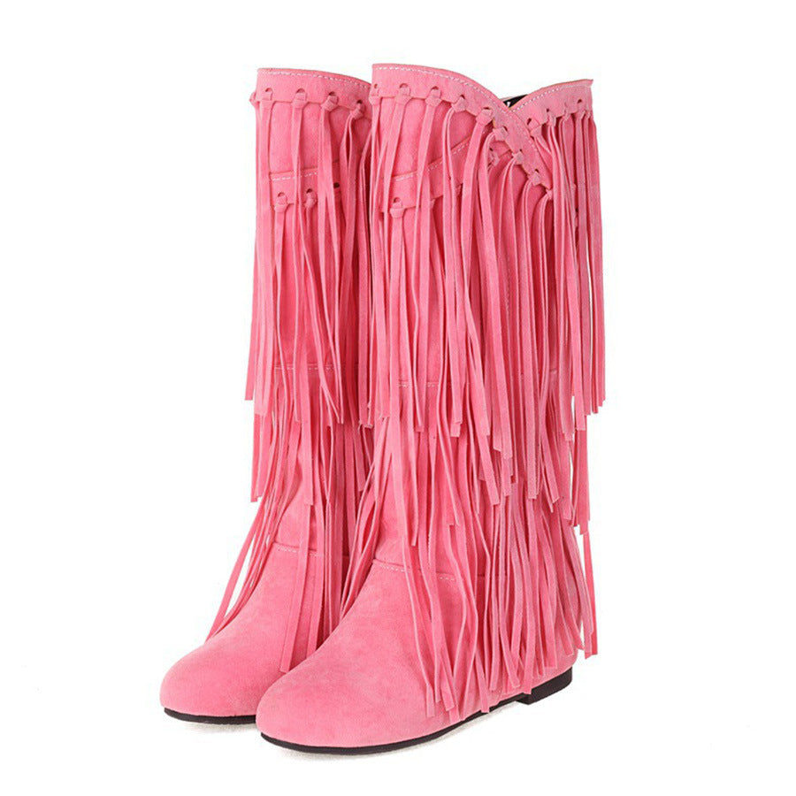 Women's Tassel Round Toe Invisible Elevated High Leg Long Women's Leather Boots