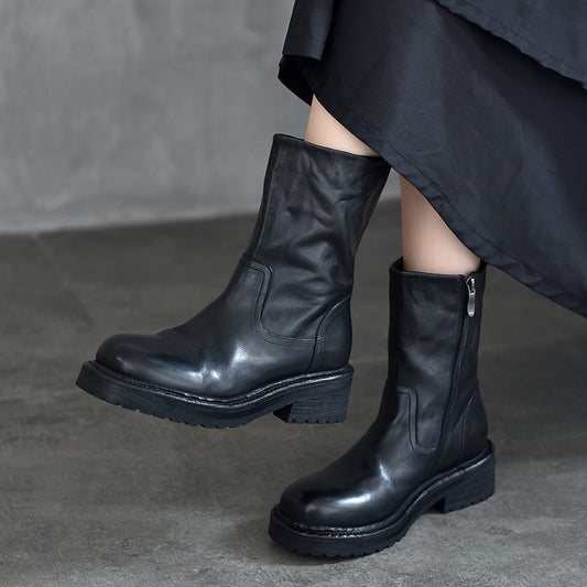 Women's Thick Bottom Mid High Quality Round Head Boots