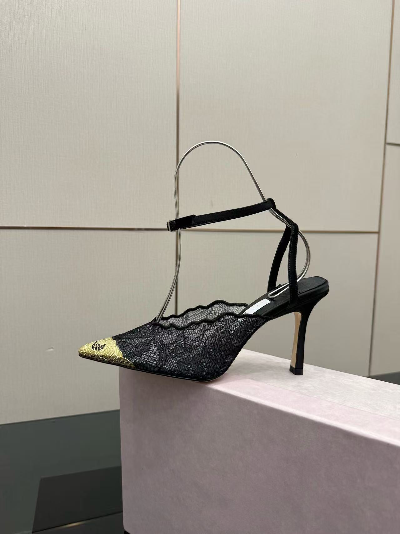 Women's Gold Buckle Hollow Lace Shallow Mouth High Heeled Sandals