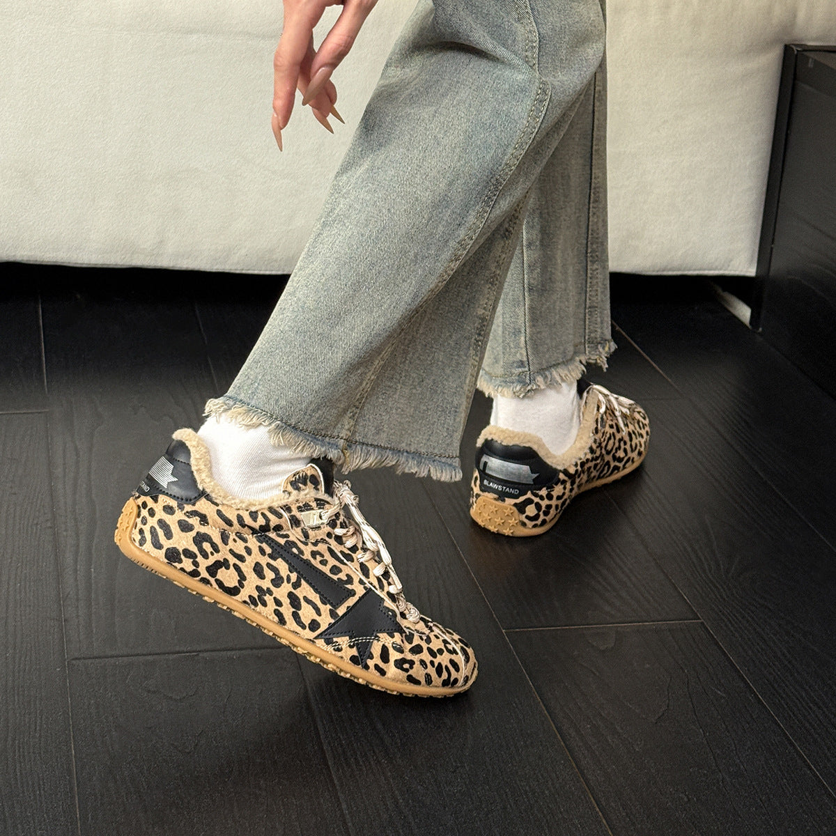 Women's Genuine Horse Fur Leopard Print With Veet German Training Retro Women's Casual Shoes