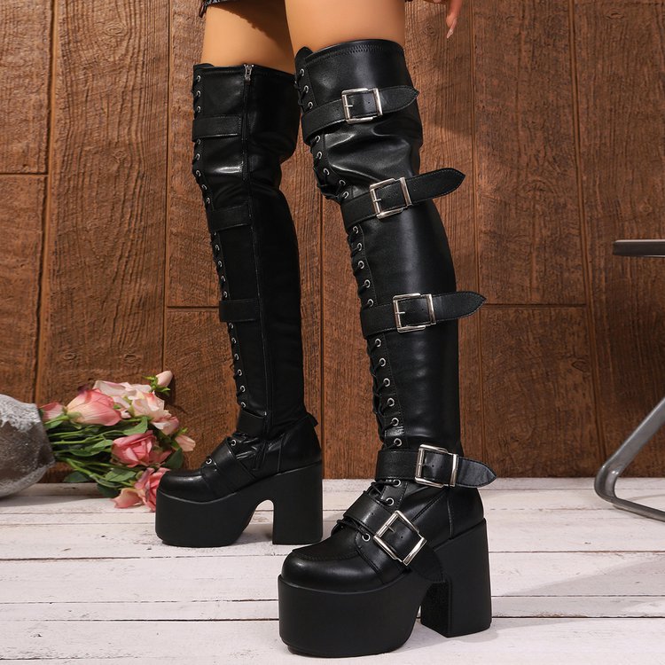 Dark Asian Culture Punk Belt Buckle Chunky Fashion Women's Leather Boots