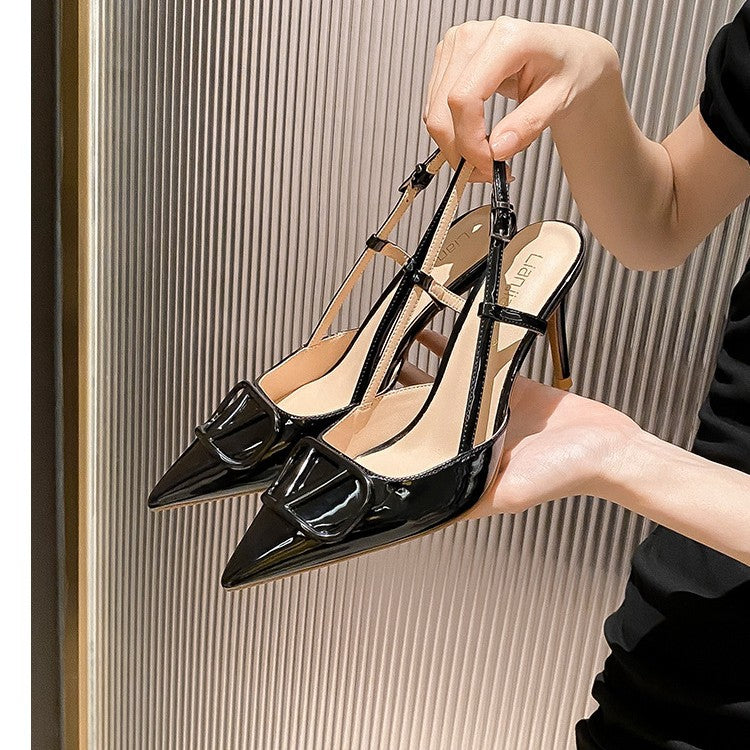 Women's Patent Stilettos Low-cut V-shaped Buckle Back Empty Strap High Heeled Sandals